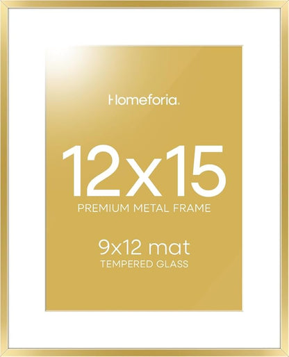 Homeforia 12x15 Picture Frame Gold, High End Metal 12x15 Poster Frames with Mat 9x12 for Photo, 12 x 15 Gold Frame Matted to 9 by 12 Print, 15x12 Thin Hanging Frame, Tempered Glass, Wall Kit, Set of 1