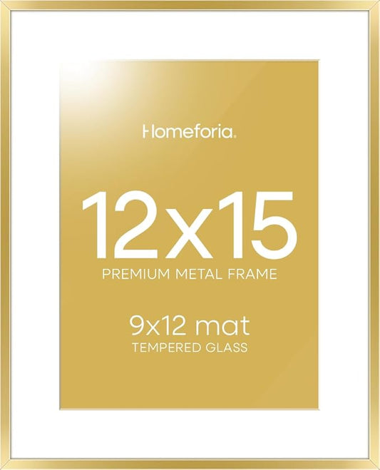 Homeforia 12x15 Picture Frame Gold, High End Metal 12x15 Poster Frames with Mat 9x12 for Photo, 12 x 15 Gold Frame Matted to 9 by 12 Print, 15x12 Thin Hanging Frame, Tempered Glass, Wall Kit, Set of 1