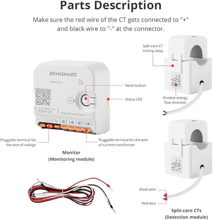 Smart Home Energy Monitor with 2 x 120A CTs, Live Electricity Usage Tracking, Bi-Directional Power Tracking, Supports Single-Phase 3-Wire System, 2.4GHz Wi-Fi (WiFi Version)