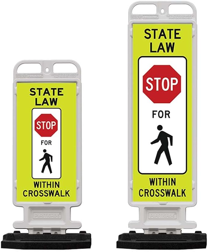 Plasticade Crosscade Crosswalk Sign, 24" Vertical Panel with 12x24 State Law Stop For Pedestrians Sign, Impact-Resistant Rubber Base, Diamond Grade Reflective Background and HIP Sheeting