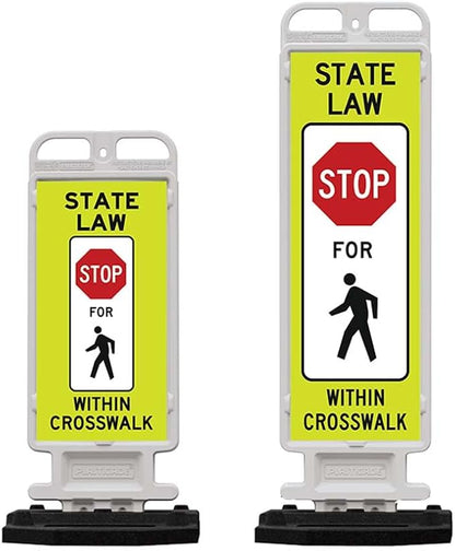 Plasticade Crosscade Crosswalk Sign, 24" Vertical Panel with 12x24 State Law Stop For Pedestrians Sign, Impact-Resistant Rubber Base, Diamond Grade Reflective Background and HIP Sheeting