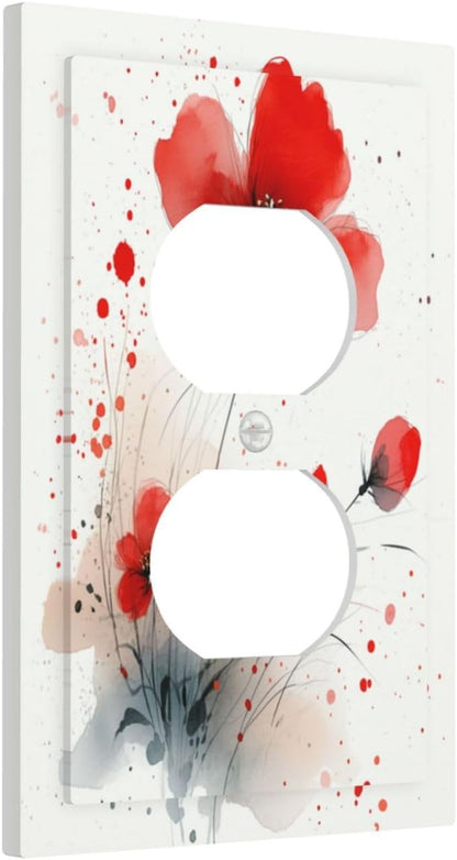 Vintage Watercolor Red Flowers Floral Outlet Covers 1 Gang Duplex Light Switch Cover Wall Plate Decorative Switch Plates Electrical Receptacle Faceplate for Bedroom Bathroom Decor