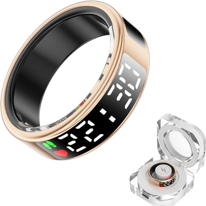 Smart Ring Health with LED Display Screen, Activity Tracker/Heart Rate/SpO2/Sleep/Step, Bluetooth Connection Smart Rings for Women Men, IP68 Waterproof Smart Ring for iPhone & Android (Gold, 10)