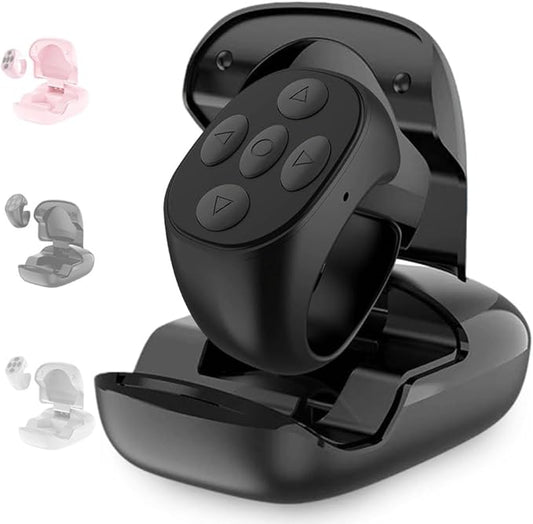 Fingertip Wireless Bluetooth Remote Control, 2026 New Bluetooth Ring Scroller Video Scrolling Ring Remote Control Page Turner (Black, with Charging Base)