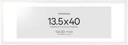 Homeforia 13.5x40 White Wood Picture Frame, High End Oak 13.5x40 Panoramic Poster Frames with Mat 10x30 Art, 13.5 x 40 Wooden Frame Matted to 10 x 30, 40x13.5 Frame, Tempered Glass, Wall Kit, Set of 1