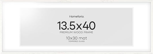 Homeforia 13.5x40 White Wood Picture Frame, High End Oak 13.5x40 Panoramic Poster Frames with Mat 10x30 Art, 13.5 x 40 Wooden Frame Matted to 10 x 30, 40x13.5 Frame, Tempered Glass, Wall Kit, Set of 1