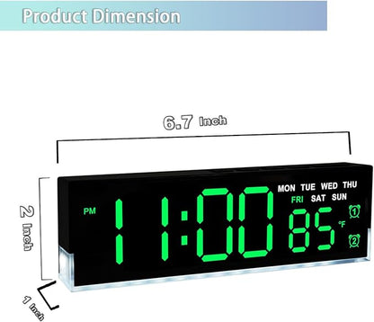 zyzamay 7-Inch Modern LED Digital Alarm Clock with Dual Alarms & Soft Bottom Light｜Displays Time, Date, Day, Temperature ｜3-Level Auto/Manual Brightness, DST, USB or Battery Powered Desk Clock,Green