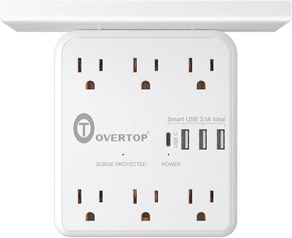 Overtop Power Charger with Shelf, Wall Outlet Extender Surge Protector with 6 AC Outlets, 4 USB Ports(1 USB C) Plug Expander Charger Shelf with Storage for Home, Dorm