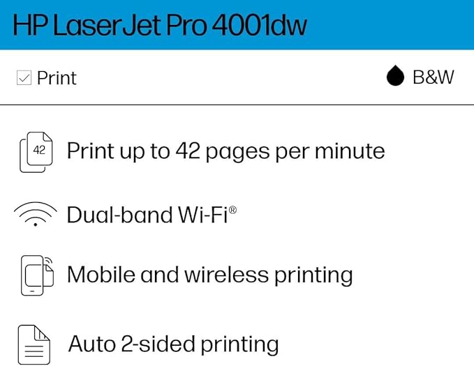 HP Laserjet Pro 4001dw Wireless Black & White Printer, Best-for-Office (2Z601F)