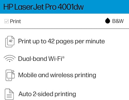 HP Laserjet Pro 4001dw Wireless Black & White Printer, Best-for-Office (2Z601F)