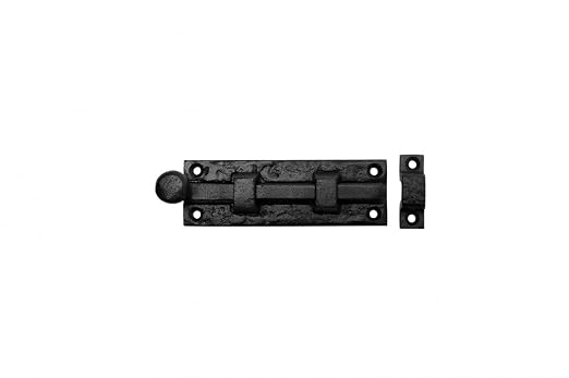 Renovators Supply Manufacturing Slide Bolt Latch 4 in. Black Wrought Iron Slide Bolt with Catch and Mounting Hardware Pack of 2