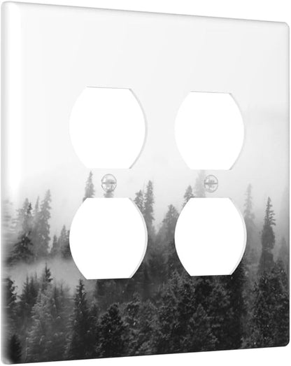 Outlet Covers Fores Black White Landscape Misty Woods 2 Gang Double Duplex Decorative Light Switch Covers Electrical Wallplates Socket Faceplate For Farmhouse Cabin Decor
