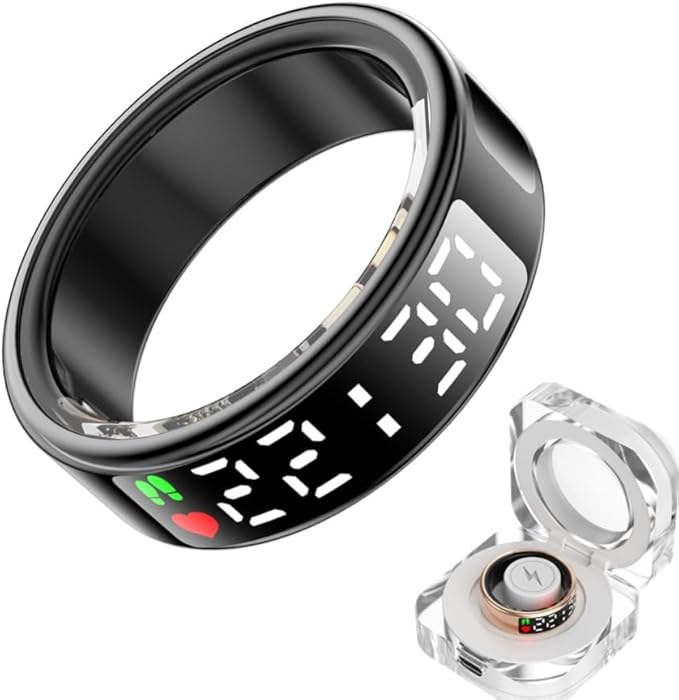Smart Ring Health with LED Display Screen, Activity Tracker/Heart Rate/SpO2/Sleep/Step, Bluetooth Connection Smart Rings for Women Men, IP68 Waterproof Smart Ring for iPhone & Android (Black, 12)