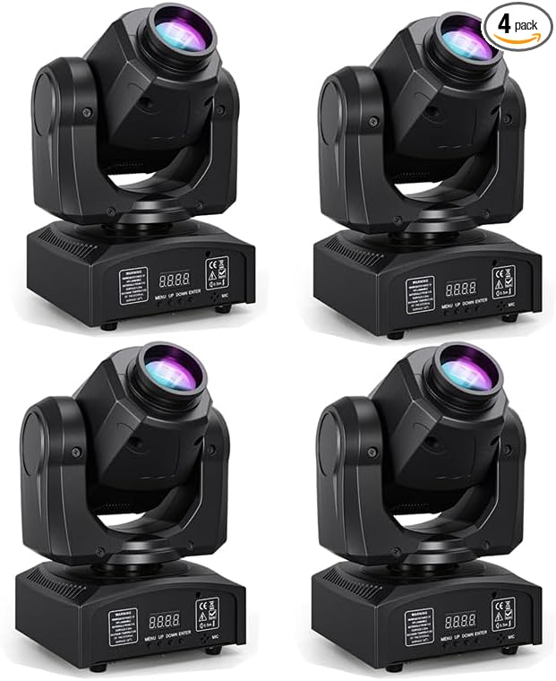 MINGJIE 60W LED Moving Head Stage Lights with DMX512 Control - 8 Gobos & 8 Colors, Sound Activated, 540° Pan & 270° Tilt, Compact DJ Light for Wedding, Party Stage Lighting (1 Pack =4PCS)