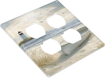 Decorative Outlet Covers Seascape Painting with Lighthouse Boats 2 Gang Wall Plate Double Duplex Receptacle Light Switch Covers Switch Plate Cover for Bedroom Home Decor
