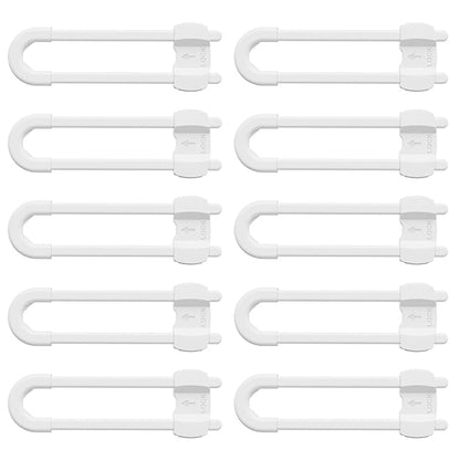 (10 pack white) 4 button Cabinet Locks, U-Shaped Proofing Drawers Safety Child Locks Adjustable, for Wardrobe,Kitchen,Bathroom,Drawer,Fridge,Cupboard Doors Knobs & Handles