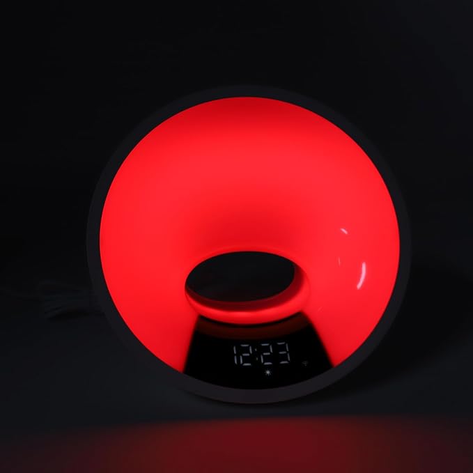 Fafeicy Sunrise Alarm Clock, Wake Up Light with Sunset Simulation 7 Color Changing Night Light Ambient Speaker Phone Charging Dock for Bedroom Dorm Sleep Aid (US Plug 100-240V)