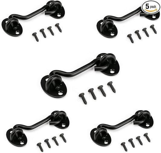 3” Barn Door Lock Gate Latch 5 Pack,Privacy Hook and Eye Latch, Easy Lock for Wooden Fence, Screen Door, Outdoor Fence, Black