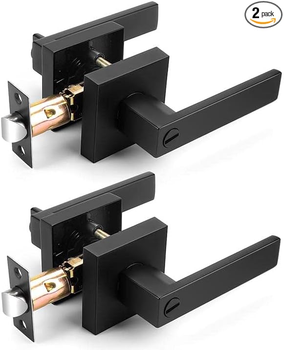 Probrico Interior Black Door Handle, Heavy Duty, Flat Square Privacy Door Handles, Keyless Door Levers Lockset for Bedroom and Bathroom (2 Pack, Modern)