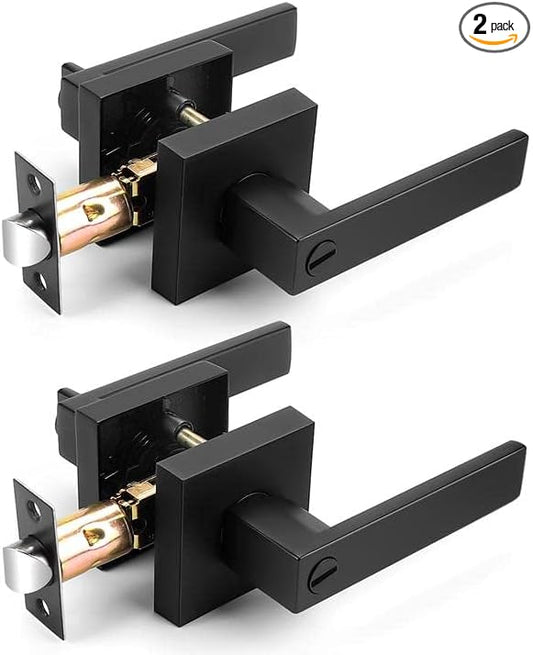 Probrico Interior Black Door Handle, Heavy Duty, Flat Square Privacy Door Handles, Keyless Door Levers Lockset for Bedroom and Bathroom (2 Pack, Modern)