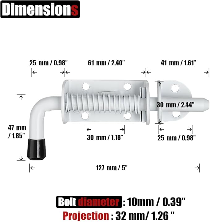 JQK Spring Loaded Latch Pin, 304 Stainless Steel Barrel Bolt Thickened 2mm Door Lock, 5 Inch Matte White Finished(2 Pack), HSB300-WH-P2