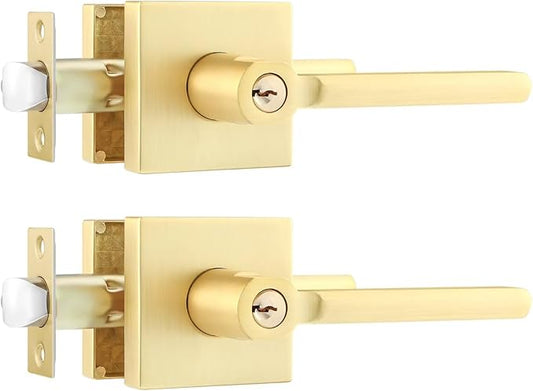 Leydebong 2 Pack Heavy Duty Complete Exterior Keyed Entrance Handleset(Keyed Alike), Gold Door Handle, Lever Door Handle, Left or Right Handing, Door Knob with Lock and Key