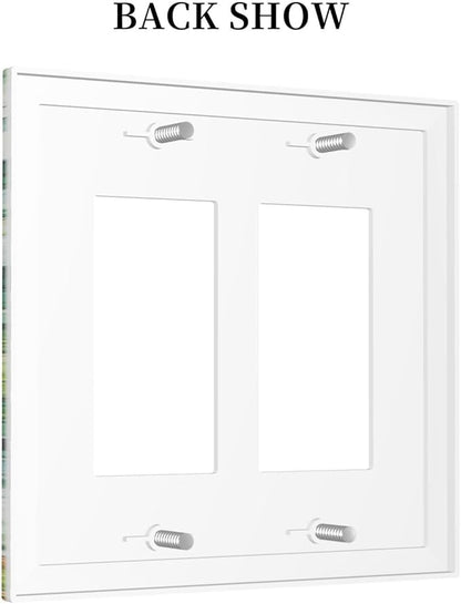 Vintage Floral White Flowers Green Plants Leaves Decorative Outlet Covers 2 Gang Double GFCI Rocker Light Switch Cover Plate Electrical Wall Panels for Bedroom Bathroom Decor
