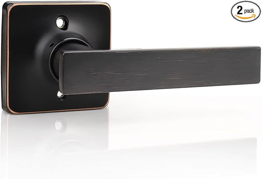 GOBEKOR 2 Pack Oil Rubbed Bronze Door Handles Interior Single Dummy Door Levers Bronze Closet Door Handle Interior Keyless Door Locks for Closet Bronze Square Door Handles