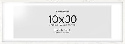 Homeforia 10x30 White Picture Frame, High End Oak 10x30 Wood Poster Frames with Mat 8x24 Print, 10 x 30 White Wooden Frames Matted to 8 by 24, 30x10 Panoramic Frame, Tempered Glass, Wall Kit, Set of 1