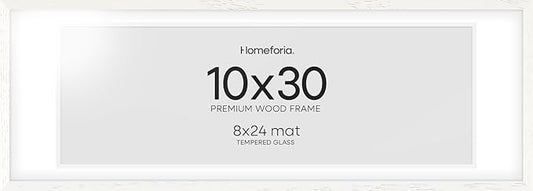 Homeforia 10x30 White Picture Frame, High End Oak 10x30 Wood Poster Frames with Mat 8x24 Print, 10 x 30 White Wooden Frames Matted to 8 by 24, 30x10 Panoramic Frame, Tempered Glass, Wall Kit, Set of 1