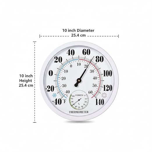 Outdoor Thermometer Hygrometer, 10 Inch Round Large White Gauge with Easy to Read Face, Waterproof Wall Mount for Patio, Garden, Garage, Home Outside Temperature and Humidity Monitor