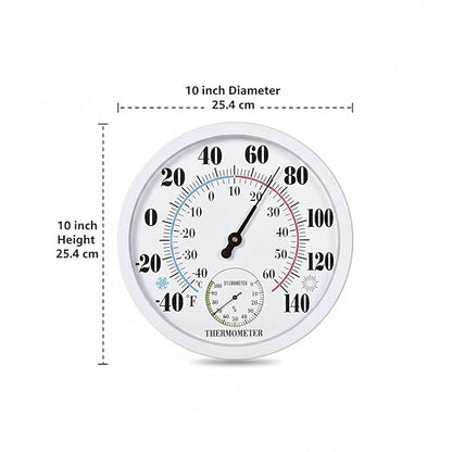 Outdoor Thermometer Hygrometer, 10 Inch Round Large White Gauge with Easy to Read Face, Waterproof Wall Mount for Patio, Garden, Garage, Home Outside Temperature and Humidity Monitor