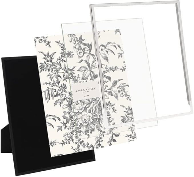 Laura Ashley 8x10 Silver Flat Metal Picture Frame (Vertical & Horizontal) w/Two-Way Easel Stand, Black Velvet Backing, Wall-Mountable, Made for Tabletop, Desk, Wall Display, Home Décor (8x10, Silver)