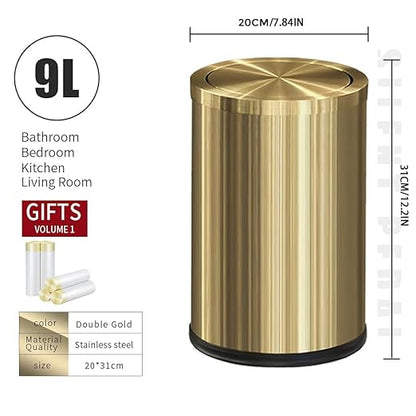 Small Trash Can with Flipping Lid,Gold Bathroom Garbage can with lid，2.4gallon,Brass Trash can for Bathroom,Laundry，Hotel，Office， Laundry Room ，Metallic Gold (Single)