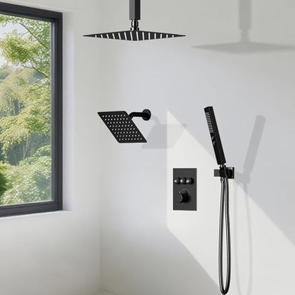 Thermostatic Shower System Matte Black Push Button Shower Faucet Set,12" Ceiling Rainfall and 6" Wall Mount Rain Shower with 2 in 1 Handhled, Can Use All at Once, Shower Set with Valve and Trim Kit