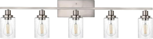 40-Inches Length Bathroom Vanity Lighting Fixtures Over Mirror in Brushed Nickel, 5-Lights Industrial Sconce Wall Lamp with Seeded Glass Shades