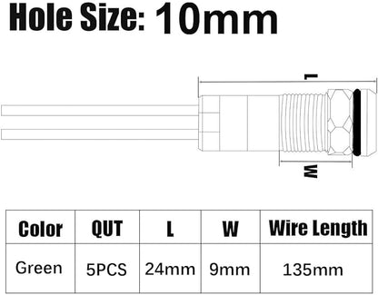5pcs 10mm LED Metal Indicator Light AC/DC 12-24V Waterproof Signal Lamp Pilot Dash Directional with Wire(Green)