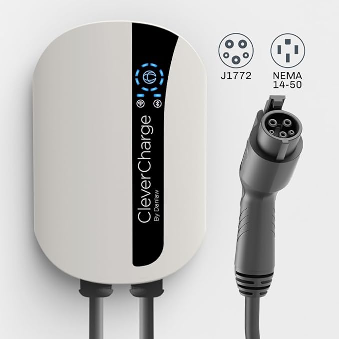 CleverCharge EV112A Wi-Fi Enabled Level 2 EV Charger, NEMA 14-50 EVSE with J1772 Connector & CleverKey AI, Up to 40A / 240V, UL/Energy Star Rated, 25ft Cable, Soft White