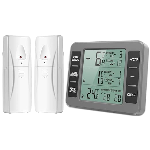 AMIR Upgraded Refrigerator Thermometer, Wireless Indoor Outdoor Thermometer, Sensor Temperature Monitor with Audible Alarm Temperature Gauge for Freezer Kitchen Home (Battery not Included, Grey)