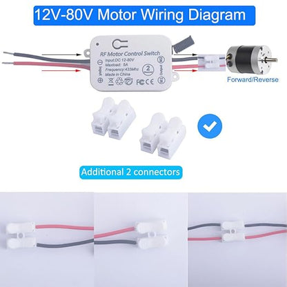 12V 24V 36V 48V DC Motor Remote Control Switch, 12V-80V 5A Wireless Relay Switches Receiver Controller with 2 Transmitters, Remote Controls Motor Move Forward and Reverse (DC 12V-80V/2* Controller)