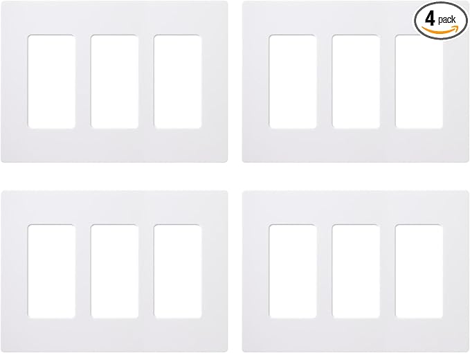 Lutron Claro Light Switch Cover Plate, 3 Gang Wallplate, for Decorator Light Switches, Rocker Light Switch Cover, Outlet Cover, Screwless Switch Plate Cover, Gloss, CW-3-WH-4, White, 4 Pack