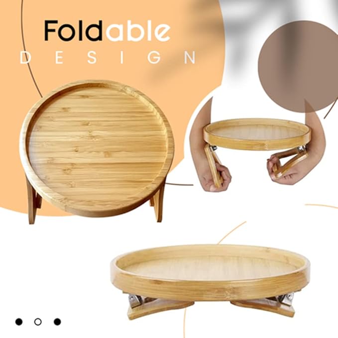 Clip On Tray Sofa Table, Bamboo Couch Arm Tray, Folding Sofa Armrest Tray Table for Drinks, Snacks, Phone & Remote – Portable Clip-On Side Table for Couch, Recliner & Armchair