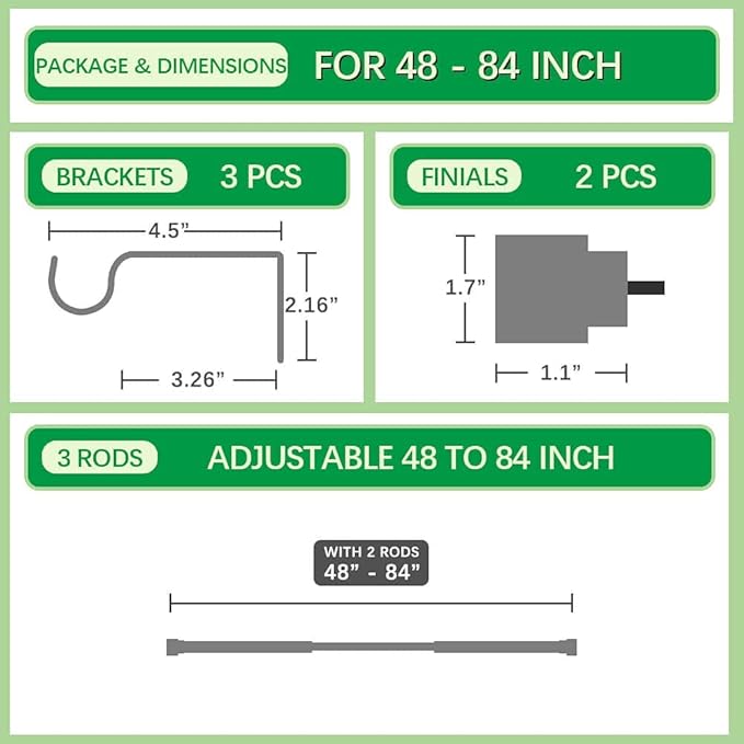 Time Forest Heavy Duty Curtain Rods for Windows 48 to 84 Inch, Silver Curtain Rods Telescoping Design Adjustable Length Easy Assemble Install with Only 3 Rods for Bedroom Living Room