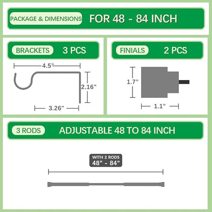 Time Forest Heavy Duty Curtain Rods for Windows 48 to 84 Inch, Silver Curtain Rods Telescoping Design Adjustable Length Easy Assemble Install with Only 3 Rods for Bedroom Living Room