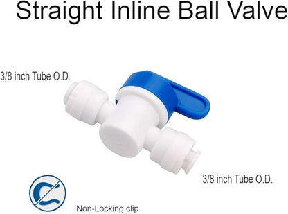 Inline Shut Off Ball Valve 3/8 inch OD Tubing&Hose&Pipe Use Plastic Quick Connect Fittings for Water Purifier RODI System (Pack of 5)