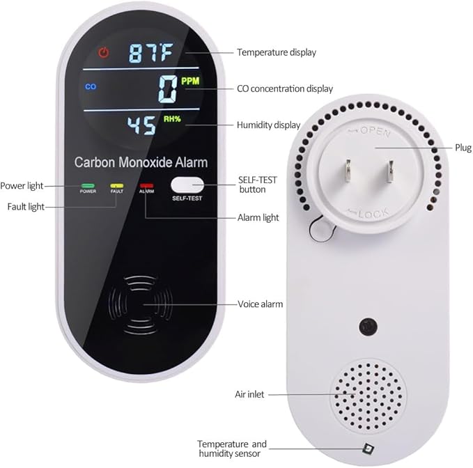 3 in 1 Carbon Monoxide Detector, KH Alert Portable Carbon Monoxide Detectors for Travel, Plug in Carbon Monoxide Detector with Temperature Humidity Sensor Built-in, Easy to Read & Install