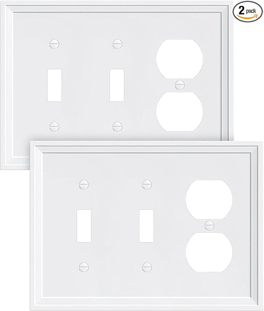 2-Pack Combo Duplex/Double Toggle Light Switch Cover Plate, Pure White Modern Decorative Electrical Outlet Covers, Bamboo Fiber Wall Switch Plates and Outlet Covers