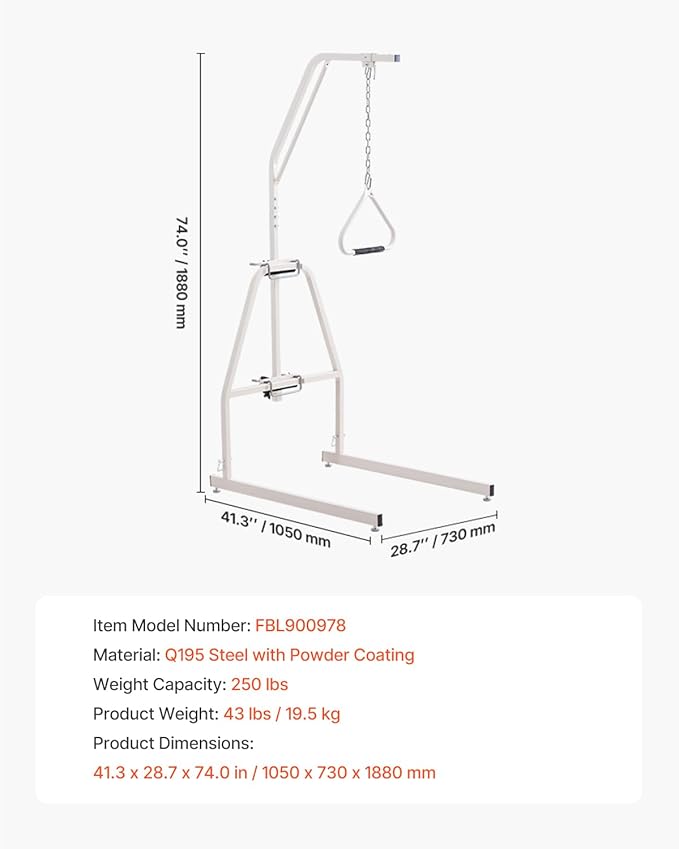 VEVOR Trapeze Bar for Bed Mobility, Bed Trapeze with Clamps and Floor Stand, 250LBS Weight Capacity Pull Up Assist for Elderly, Patients & Disabled, Suitable for Home Care, Hospital, Nursing Home