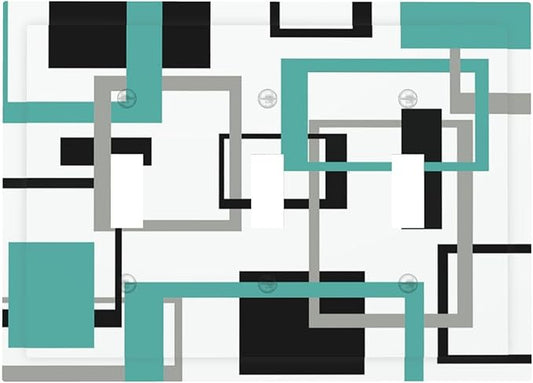 Geometric Turquoise Black Gray Modern Abstract Boho Decorative Switch Plates 3 Gang Wall Plate Triple Toggle Light Switch Cover Faceplate Electrical Wall Panels for Office Nursery Decor