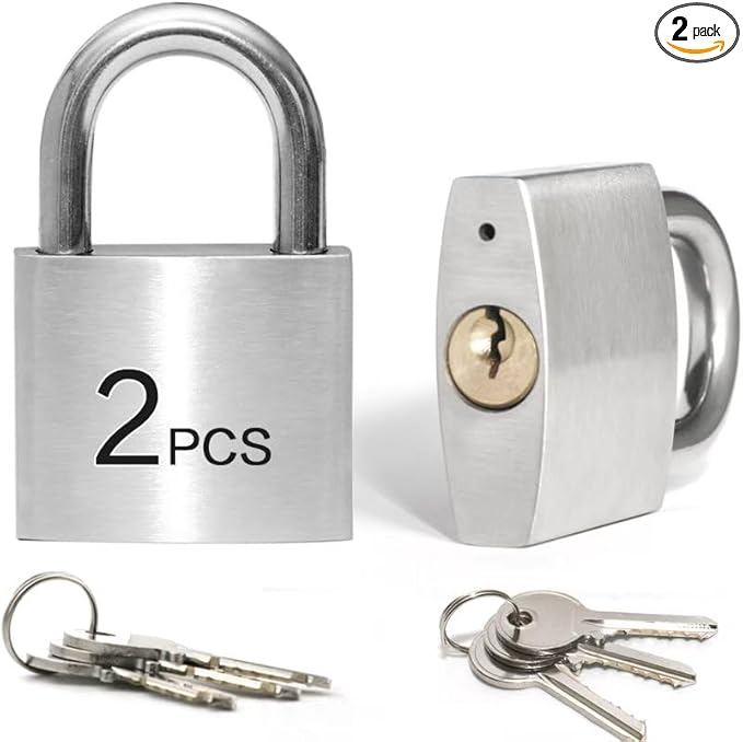 LanuBe 304 Stainless Steel Keyed Alike Padlocks for Outdoor use, Pin Tumbler Padlock, 2 inch Wide Body, Stainless Steel Body Normal Shackle, Pack of 2